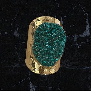 Green Merlin Druzy Ring 18K Gold Over Brass Adjustable Hammered Band Size 7